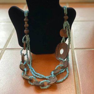 2 Strand Turquoise Seed Bead & Wood Disc Necklace